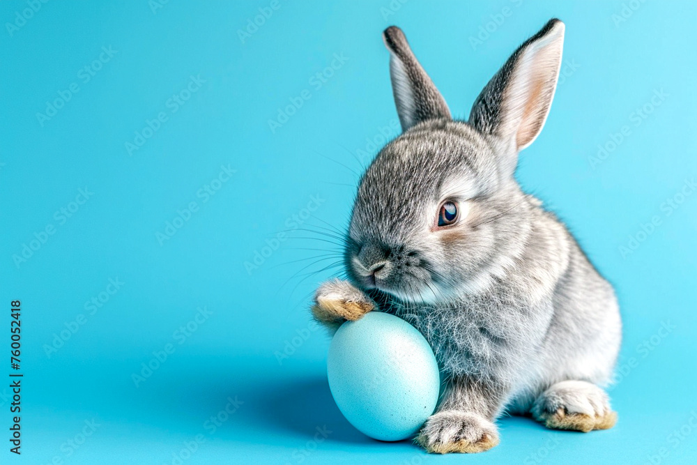 Fluffy Easter bunny with a blue painted egg on a blue background