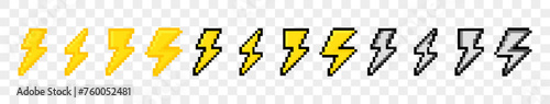 pixel lightning, set of yellow lightning in pixel style vector illustration eps10