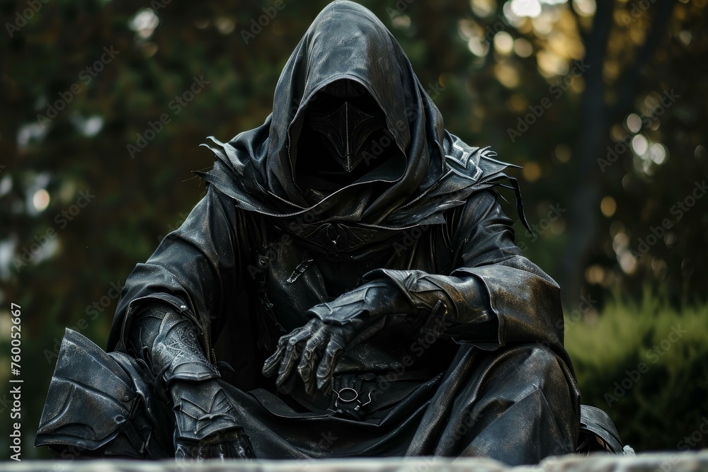 Assassin hooded throne. Medieval costume. Generate Ai Assassin hooded throne. Medieval costume. Generate Ai