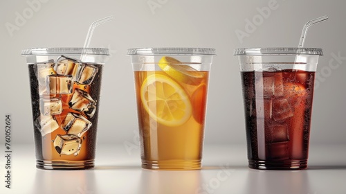 Modern realistic 3D empty clear plastic disposable cup set isolated on transparency grid background. Design template of packaging mockup for graphics - milkshake, tea, fresh juice, lemonade. photo