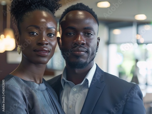 African American couple in their late thirties, dressed for an office setting.