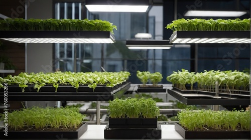 Hydroponics. Rows of seedlings in a greenhouse.