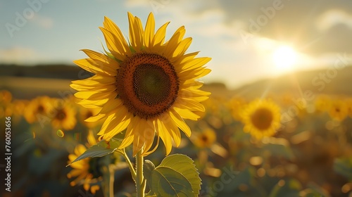 A Sunflower's Close-Up Amidst a Sunflower Field