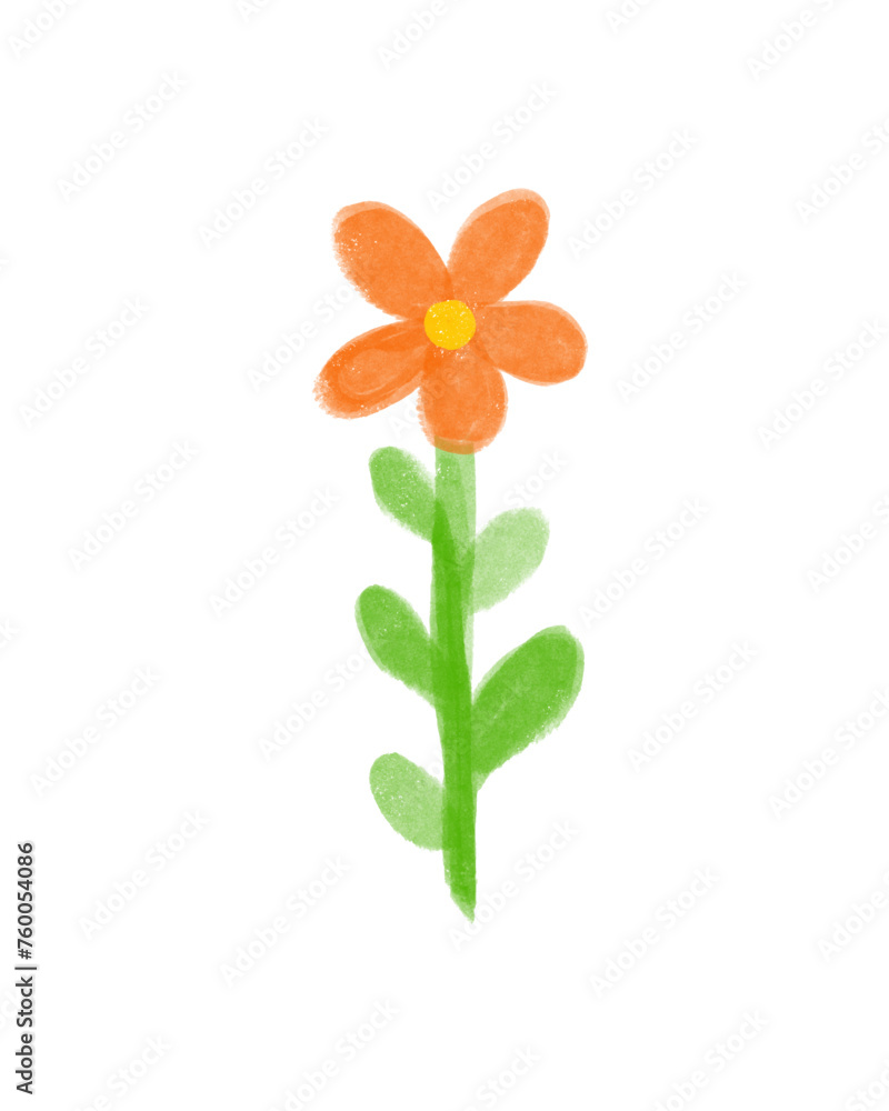 Cute Floral Card with Red Tall Flower. Hand Drawn Vector Illustration with Infantile Style Flower. Childish Drawing-like Print with Single Flower Perfect for Card, Wall Art. Kids' Room Decoration.RGB.