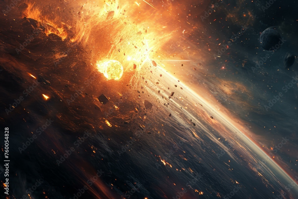 Destructive Asteroid earth collision. Impact space. Generate Ai