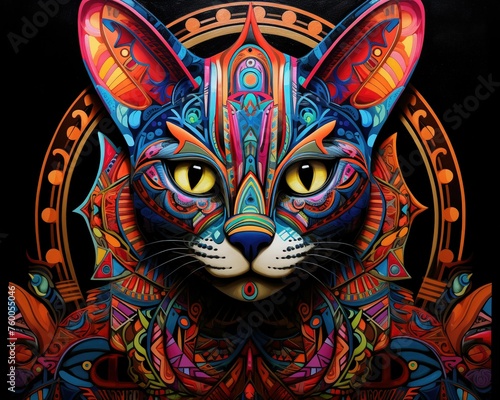 Psychedelic Egyptian cat in vibrant attire on a sarcophagus
