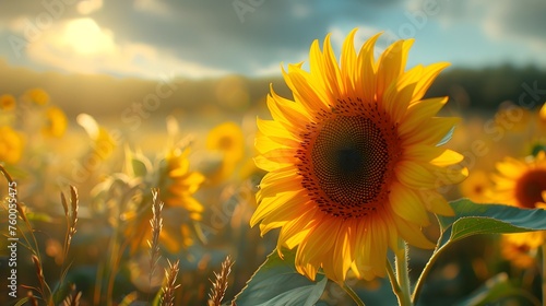 A Sunflower s Close-Up Amidst a Sunflower Field