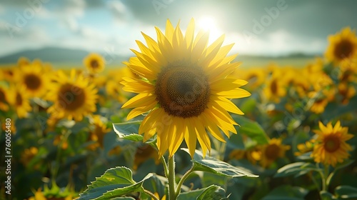 A Sunflower s Close-Up Amidst a Sunflower Field