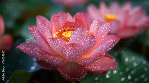  a close up of a pink water lily with drops of water on it's petals and a green leaf in the background.