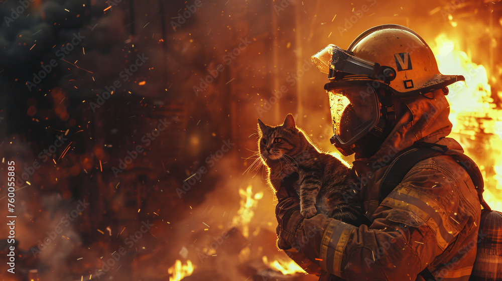 firefighter saving a cat from the fire