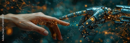 Realistic Artificial intelligence Robot and human hands touching. Futuristic technology abstract concept for network, big data, data center, server, internet, speed.