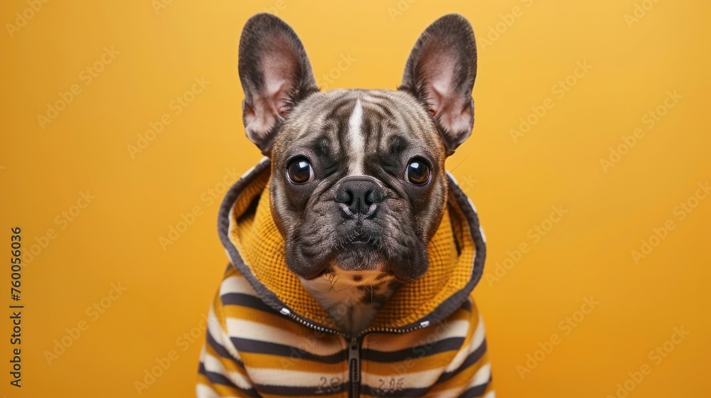 Funny cute puppy in baby clothes, creative minimal concept on yellow background. Hipster puppy dog in fashionable outfit for sale, poster, shopping, advert, veterinary clinic