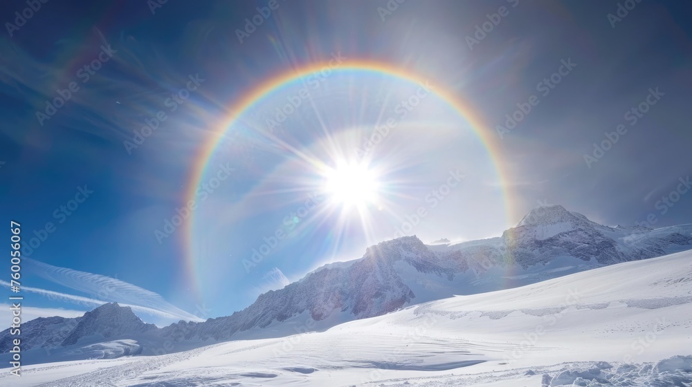 The snowy mountain peak is adorned by a full circle rainbow and solar halo in a majestic, crystal clear sky The snowy mountain peak is adorned by a full circle rainbow and solar halo in a majestic, crystal clear sky