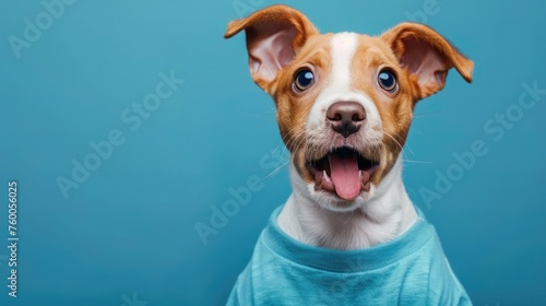Funny cute puppy surprised wonder, shocked, creative minimal on blue background. Wow! Hipster puppy dog amazed screaming in fashionable outfit for sale, shopping, advert © Happy Lab