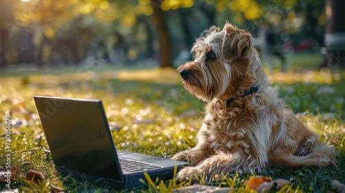 Cute puppi dog call center worker, online support worker at home with laptop. Funny dog working outside, homework. Creative concept for advert, poster, app, web photo