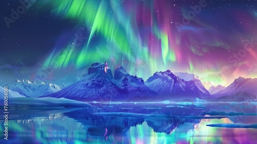 Aurora borealis creates a captivating dance of vivid green and purple lights over a reflective arctic lake in the enchanting polar scenery