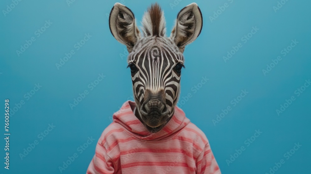 Funny zebra in pink hoodie, creative minimal concept on blue background. Hipster zebra in fashionable outfit for sale, shopping, advert