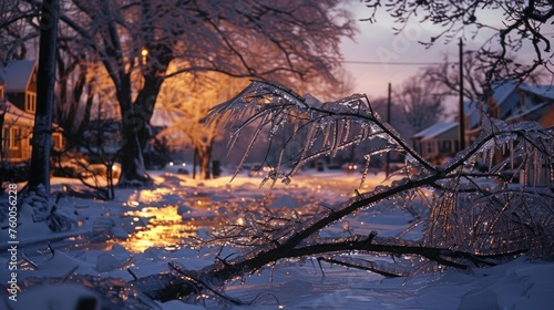 Ice storm's aftermath: gleaming ice sheathes the trees and streets at dawn's light