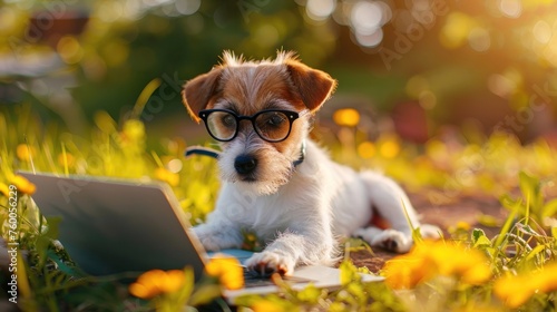 Cute puppi dog call center worker, online support worker at home with laptop. Funny dog working outside, homework. Creative concept for advert, poster, app, web photo