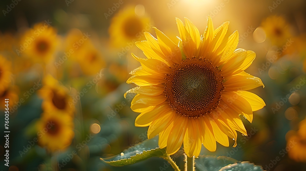 Fototapeta premium A Sunflower's Close-Up Amidst a Sunflower Field