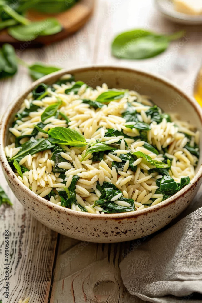 Delicious Bowl of Orzo with Spinach on a Wooden Table Delicious Bowl of Orzo with Spinach on a Wooden Table