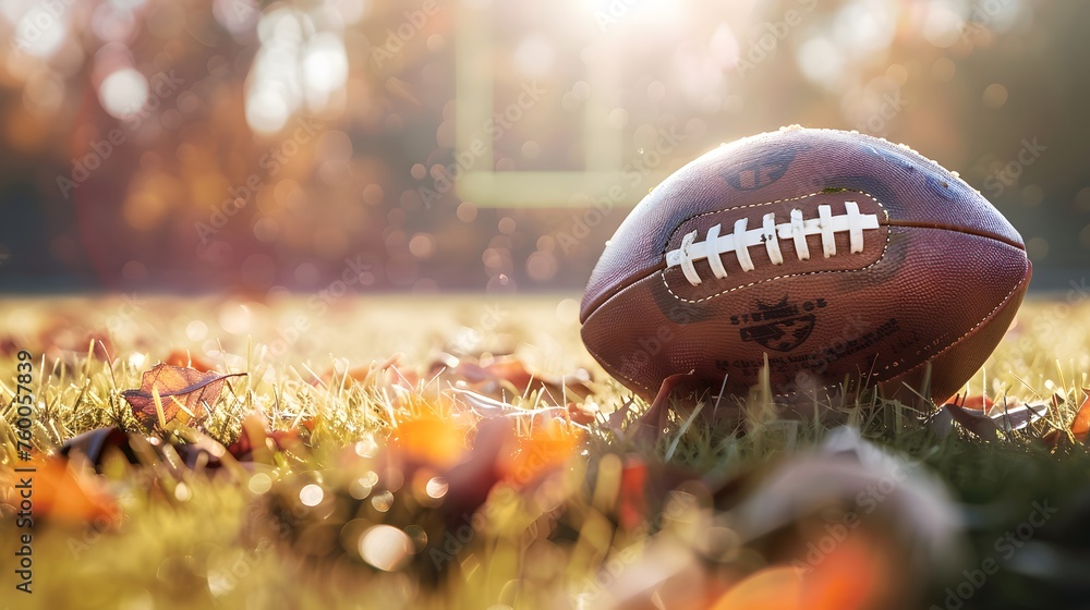 Football on the field during warm season. Close up on the football. Football on the field during warm season. Close up on the football.