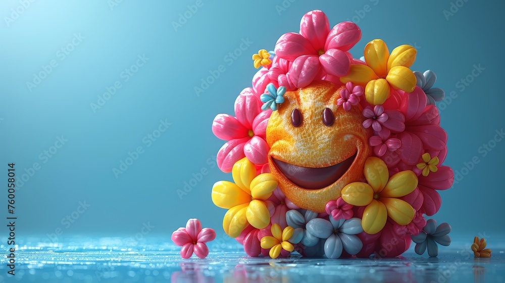  an orange with a bunch of flowers on it's head and a smile on it's face in front of a blue background.