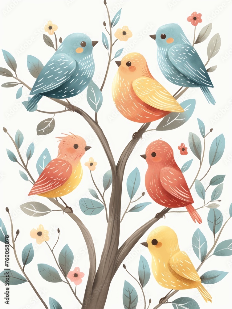 Pastel Birds Perched on Soft Tree Branch for Nursery Generative AI