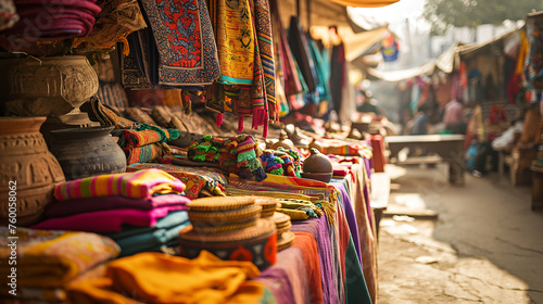 Colorful textiles and handcrafted pottery line the bustling stalls of a vibrant local market © allportall