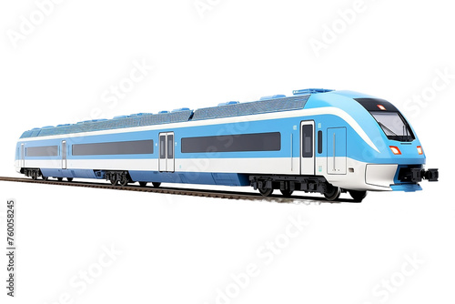 Modern blue passenger train captured from the side, speeding on the railway.