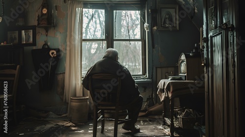 Lonely elderly man seated in contemplation on chair. Lonely situation.
