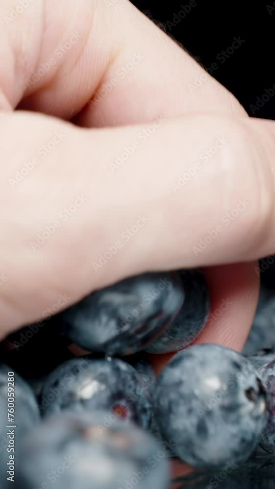 Vertical video. A hand picks up a handful of blueberries, juicy and nutritious products. Close-up. Vertical video. A hand picks up a handful of blueberries, juicy and nutritious products. Close-up.