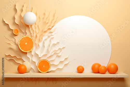 Background for Product Display in Orange and White Tones with Oranges Theme. Vibrant Citrus Aesthetic Perfect for Showcasing Orange-Related Items Such as Juices  Snacks  or Kitchenware