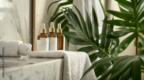 spa composition with massage oil and towels on white table