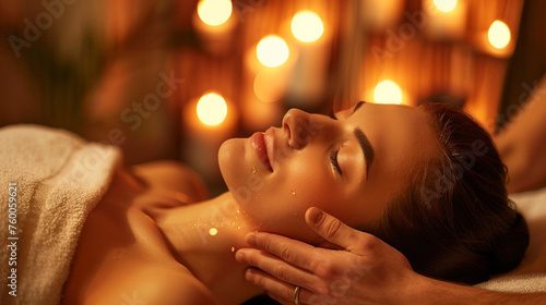 beautiful woman with closed eyes in spa salon