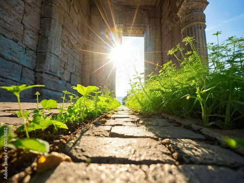 Close Up Stone Path with Weeds Stone Ruin Building Sun Light Beams