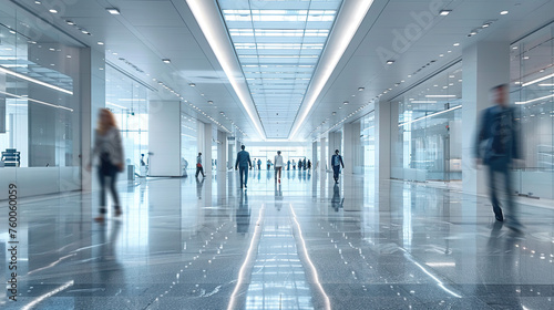 Businessman walking with colleagues  in big corridors or hallways , blurred photo background  photo