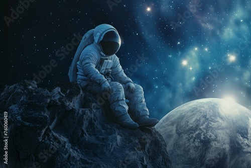 Astronaut sitting on planet. Universe science. Generate Ai