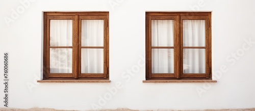 Two wooden windows with glass panes set in a symmetric pattern on a white facade. The rectangle fixtures add charm to the building