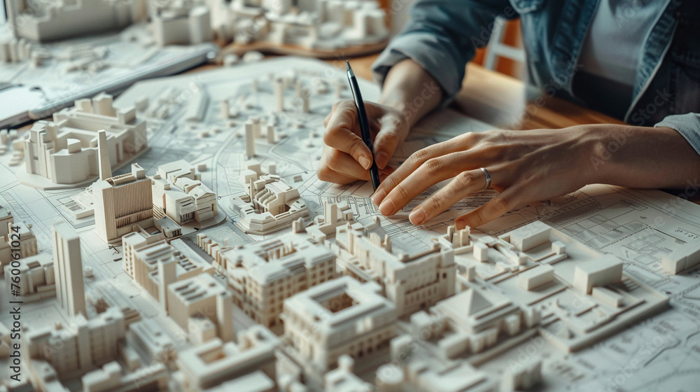 architect hands working on model buildings and 3d map design blueprint ...