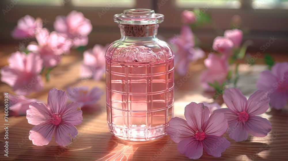 a bottle of pink liquid sitting on top of a wooden table with pink flowers in front of it and a window behind it. a bottle of pink liquid sitting on top of a wooden table with pink flowers in front of it and a window behind it.