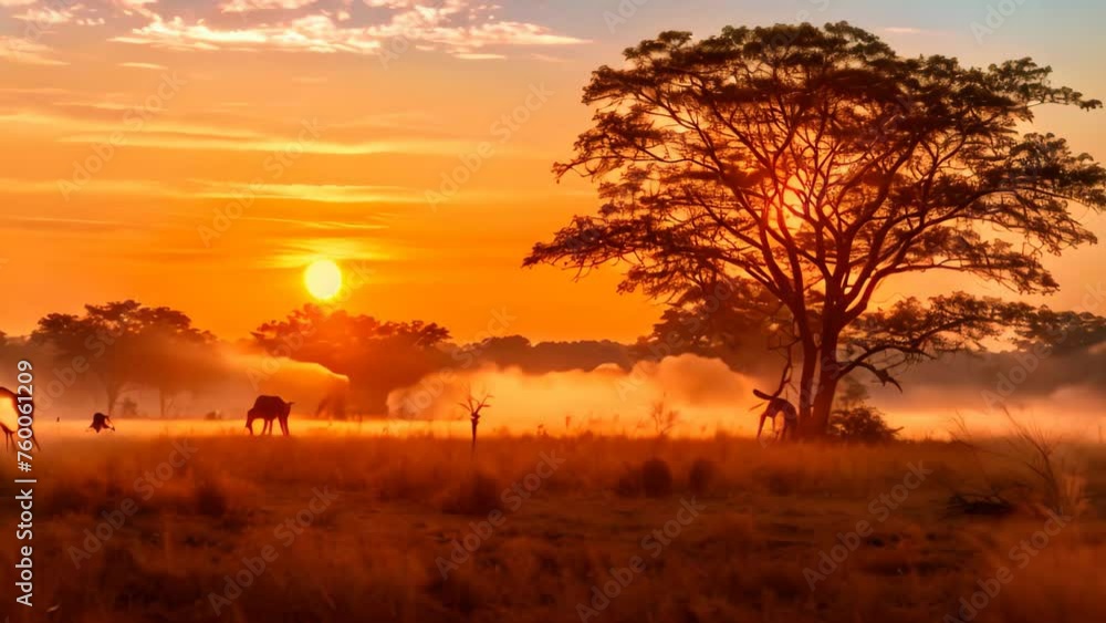 Sunset in Okavango Delta - Moremi National Park in Botswana, Sunrise over the savanna and grass fields in central Kruger National Park in South Africa, AI Generated Sunset in Okavango Delta - Moremi National Park in Botswana, Sunrise over the savanna and grass fields in central Kruger National Park in South Africa, AI Generated