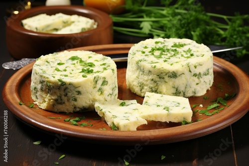 Cheese garnished with fresh herbs, for lovers of gourmet cuisine