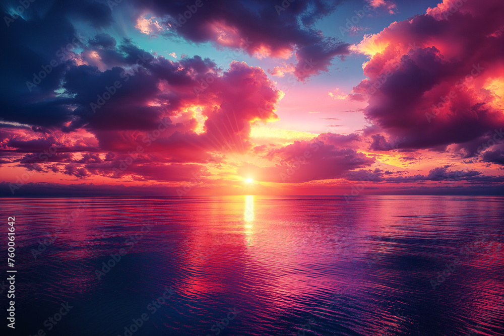 Moment of sunset. The clouds in shades of pink, orange, and purple. - obrazy, fototapety, plakaty 
