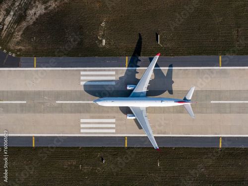 Aerial view of an airport. aerial view of airport terminal with parked airplanes