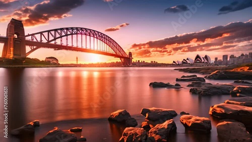 Sydney Harbour Bridge at sunset, Australia. Long exposure, sydney harbour bridge at sunset, AI Generated photo