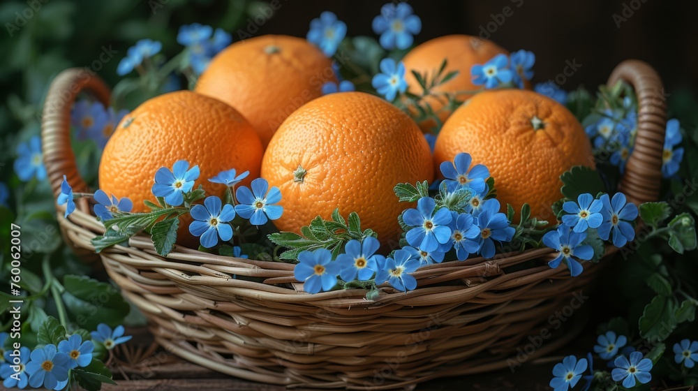 a basket filled with oranges and blue flowers on top of a wooden table next to a basket of oranges. a basket filled with oranges and blue flowers on top of a wooden table next to a basket of oranges.