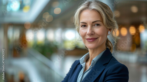 Portrait of self-confident middle-aged businesswoman in modern office. Beautiful woman in suit smiles and looks at camera. On blurred background of office with bokeh. Close-up. Copy space.