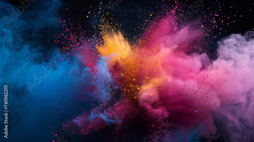 A dynamic burst of powered pigments, movement and energy on black background.  photo