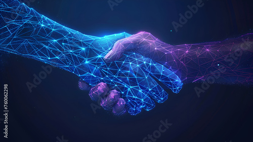 Illustration two wire-frame glowing hands, handshake, technology, business, trust concep